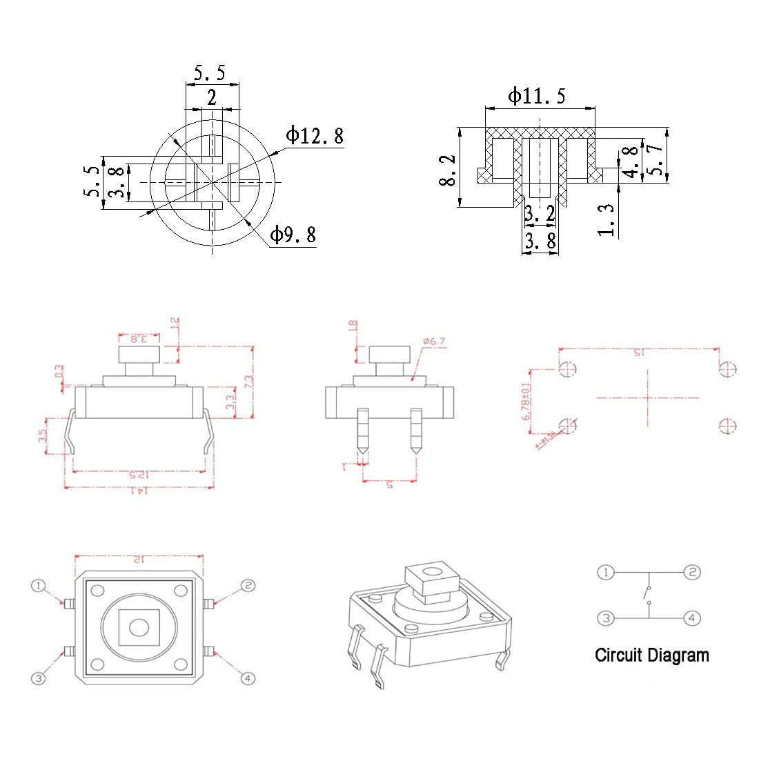 Gikfun 12X12X7.3 Mm Tact Tactile Push Button Momentary SMD PCB Switch with Cap for Arduino (Pack of 25Pcs) AE1027A image number 3