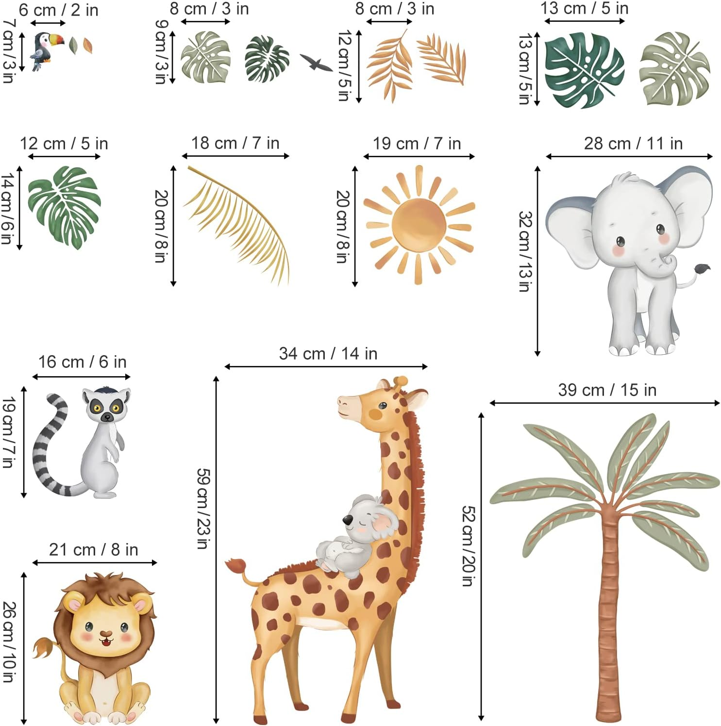 Wondever Boho Jungle Animals Wall Stickers Safari Animal Palm Tree Elephant Giraffe Lion Peel and Stick Art Decals for Baby Nursery Kids Bedroom (WD-231-0141B) image number 1