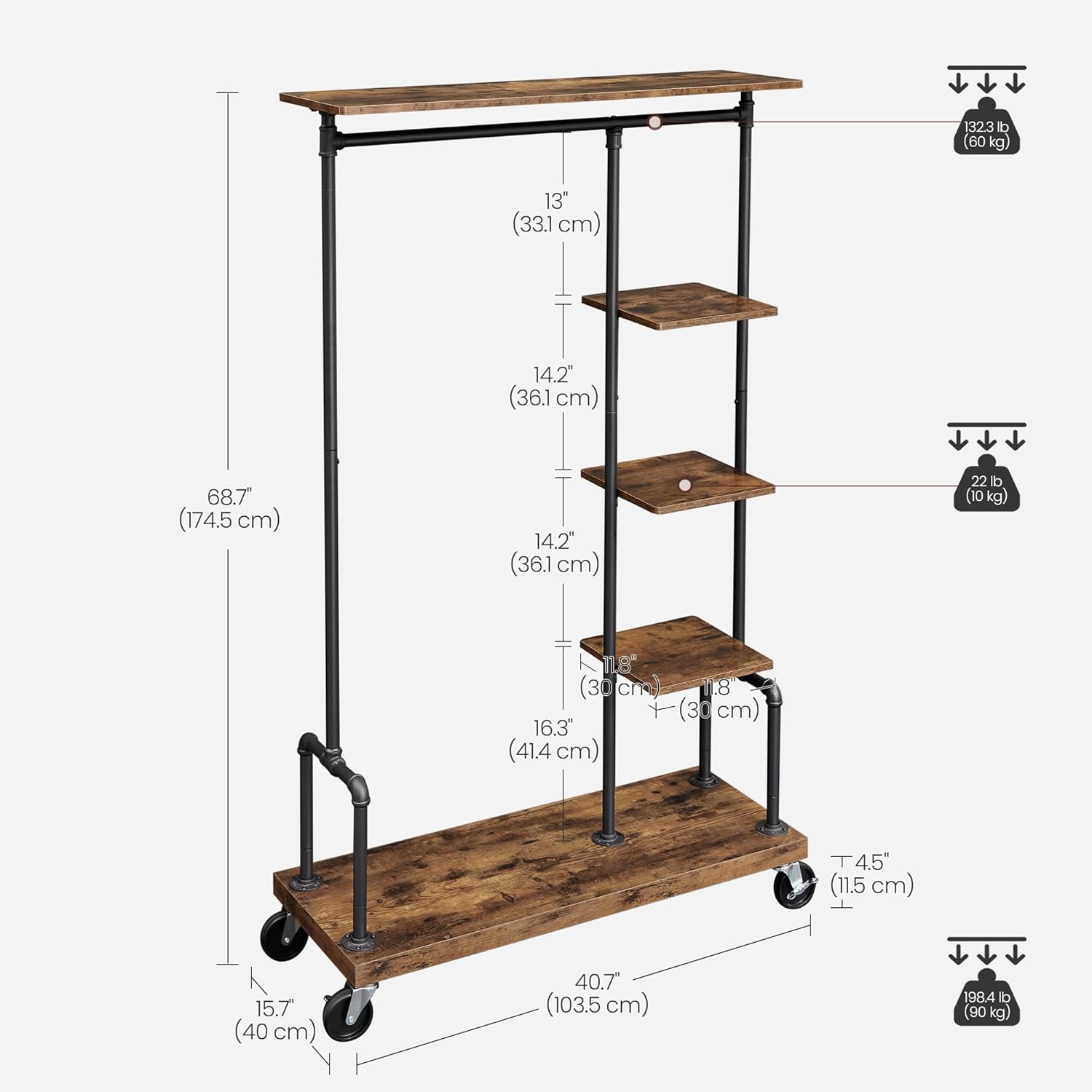 VASAGLE Clothes Rack, Clothing Rack on Wheels, 5-Tier Garment Rack with Metal Pipes, for Bedroom, Store, Laundry Room, Living Room, Rustic Brown and Black HSR66BX image number 1