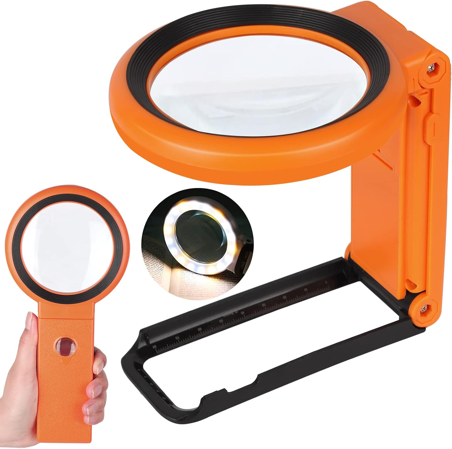 30X 10X Magnifying Glass with Light and Stand, Foldable Handheld Magnifying Glass 18 LED Illuminated Lighted Magnifier for Macular Degeneration, Seniors Reading, Close Work, Coins, Jewelry