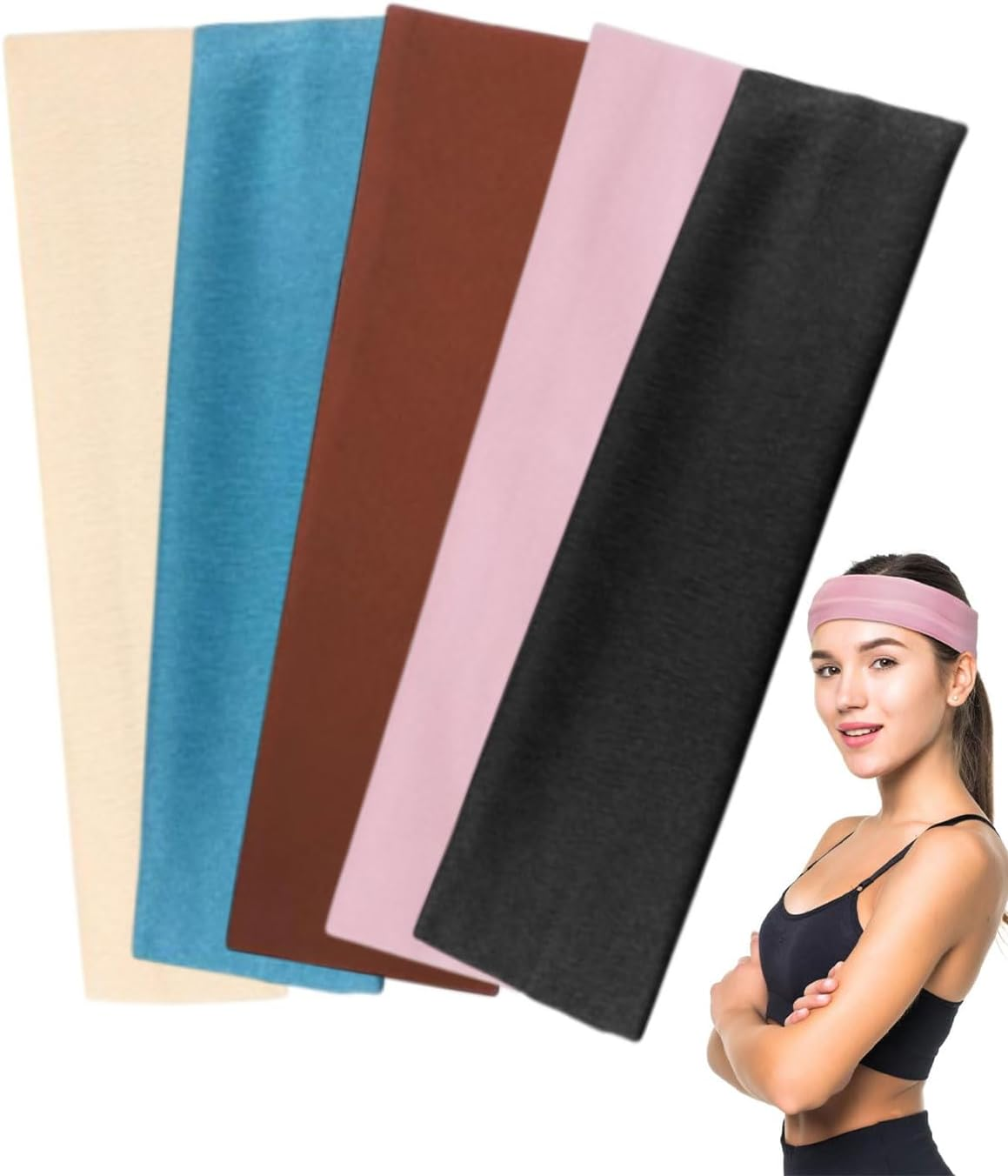 JUKOTA Pack of 5 Hair Bands, 5 Cm Wide Multicoloured Hair Band, Elastic Headband, Non-Slip Headband for Running, Cycling, Fitness, Yoga image number 5