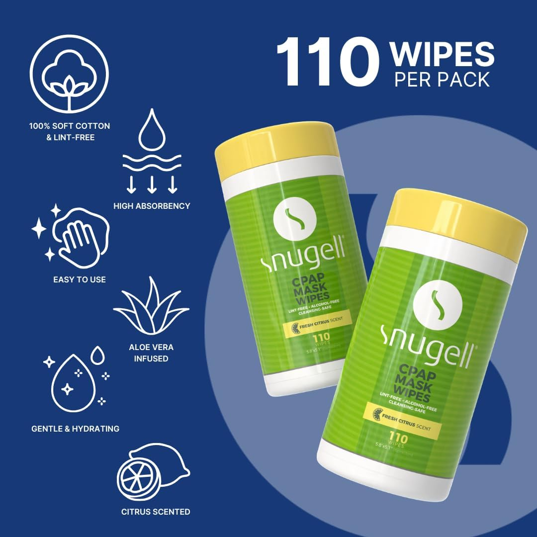 Snugell CPAP Mask Wipes by | 110 Count | Fresh Citrus Scent | 100% Soft Cotton | Lint & Alcohol Free | Skin Safe with Citrus Scent | Easy Opening Canister | Clean CPAP Mask, Tube & Devices (1) image number 2