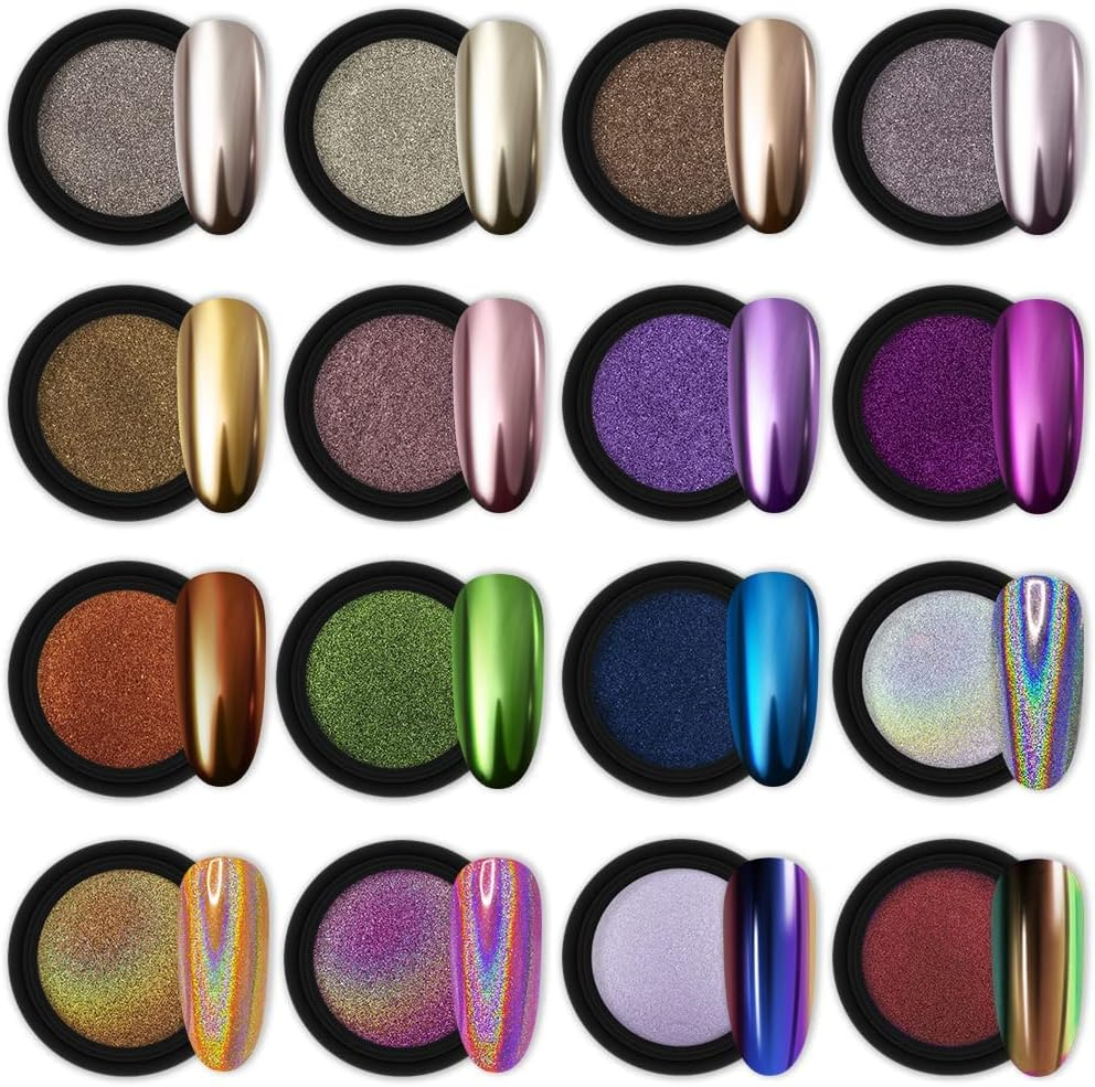 16 Jars Chrome Nail Powder Metallic Mirror Effect Holographic Aurora Chameleon Pigment 1G image number 2