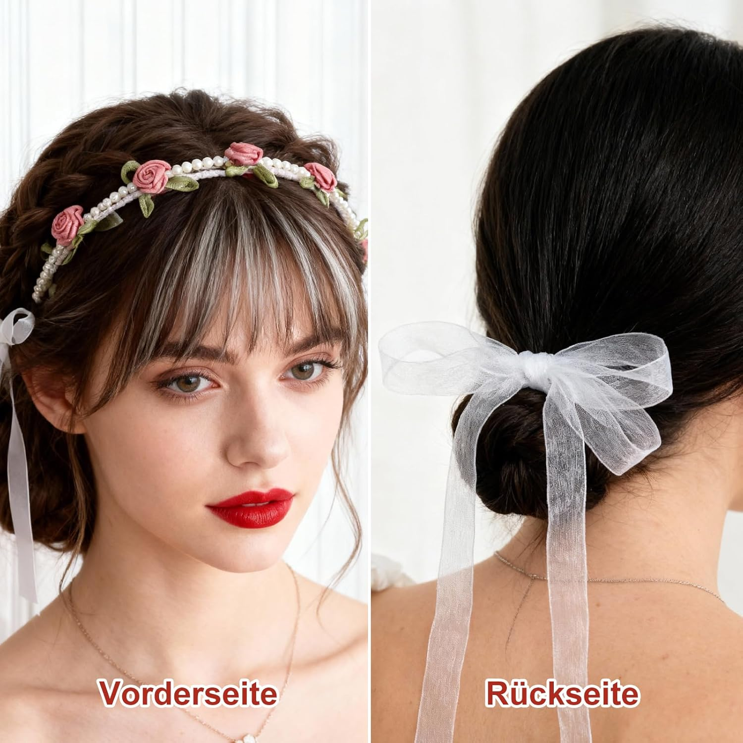 VOSSOT Set of 2 Flower Wreath Hair Band Set with Pearls Flower Headband Pink & Cream Flower Hair Wreath for Wedding, Oktoberfest, Dirndl, Party, Photo Shooting image number 1