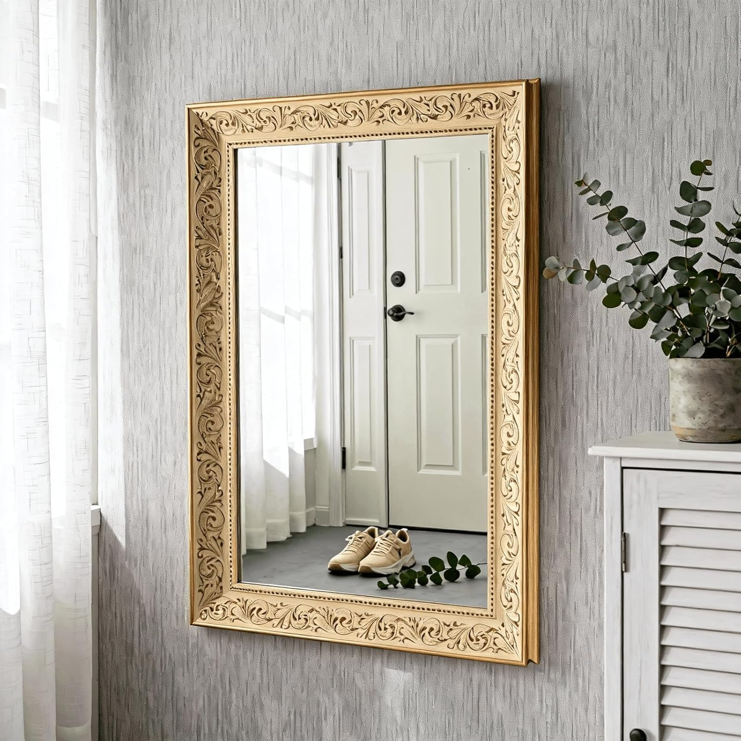 80X60Cm Wall Mirror Shatterproof Tempered HD Glass Mirror Classical PS Frame Carbon Black Mirrors for Vanity, Entryway, House Bedroom, Living Room, Home Entryway, Hallway