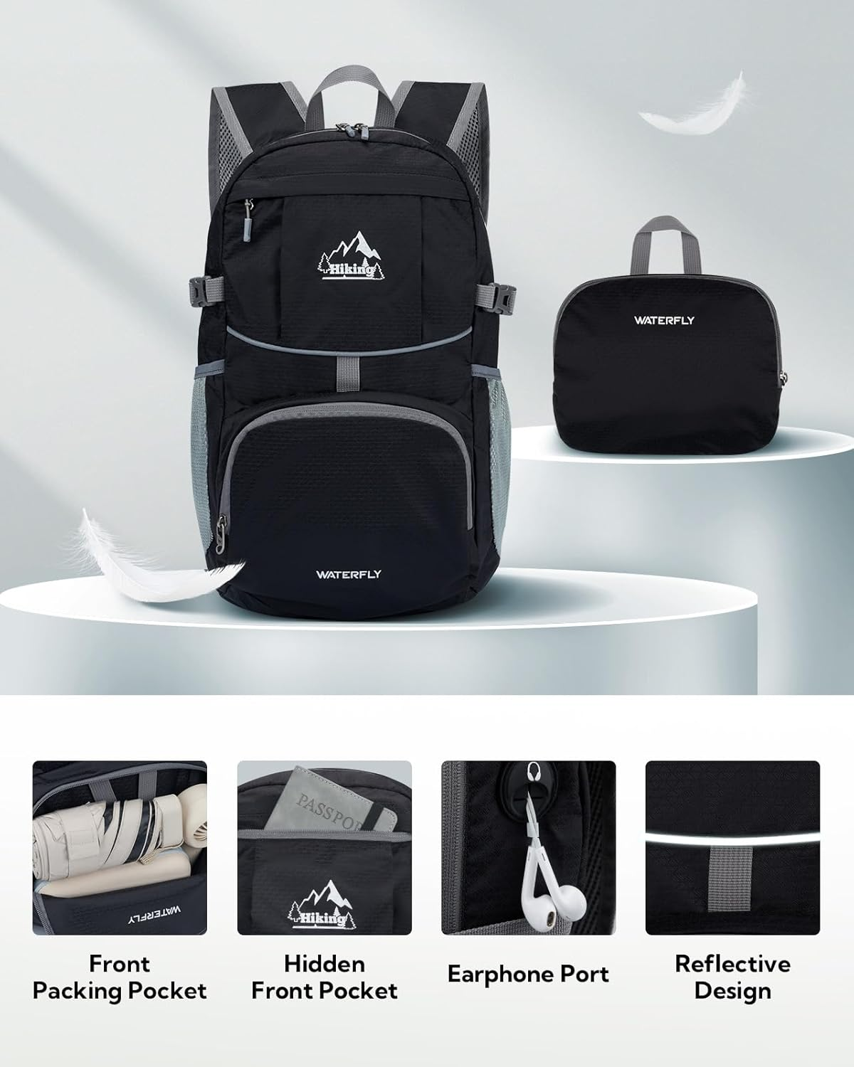 WATERFLY Hiking Foldable Daypack Backpack: 25L Ultra Lightweight Waterproof Day Pack for Woman Man - Small Compact Packable Folding Back Pack for Outdoor Sport Cycling Biking Travel Trip - Orange image number 4