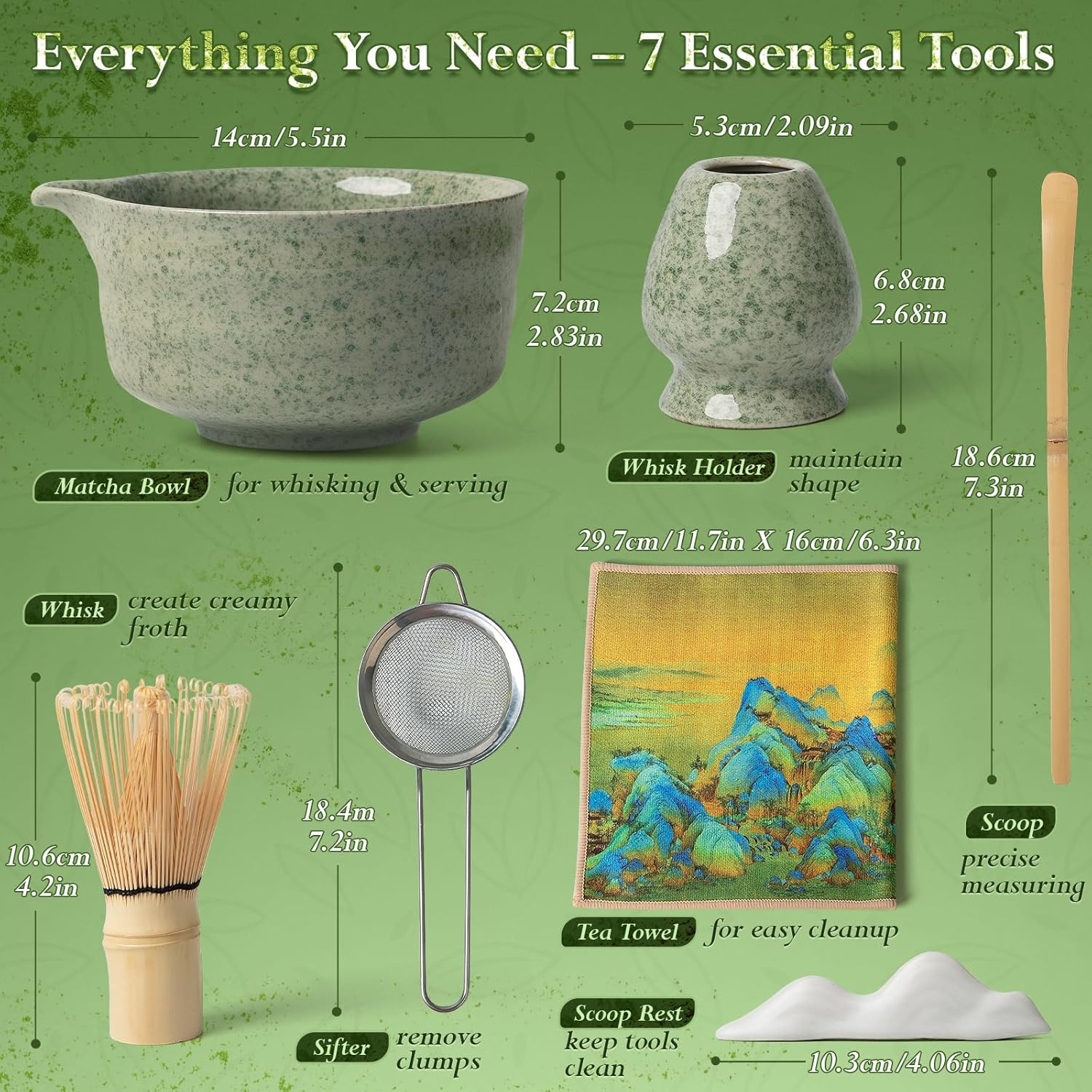 Matcha Whisk Set, 7-Piece Matcha Tea Set &ndash; Ceramic Bowl, Bamboo Whisk & Holder, Scoop & Rest, Sifter, Tea Towel &ndash; Traditional Tea Kit for Home, Kitchen & Gift Giving image number 4