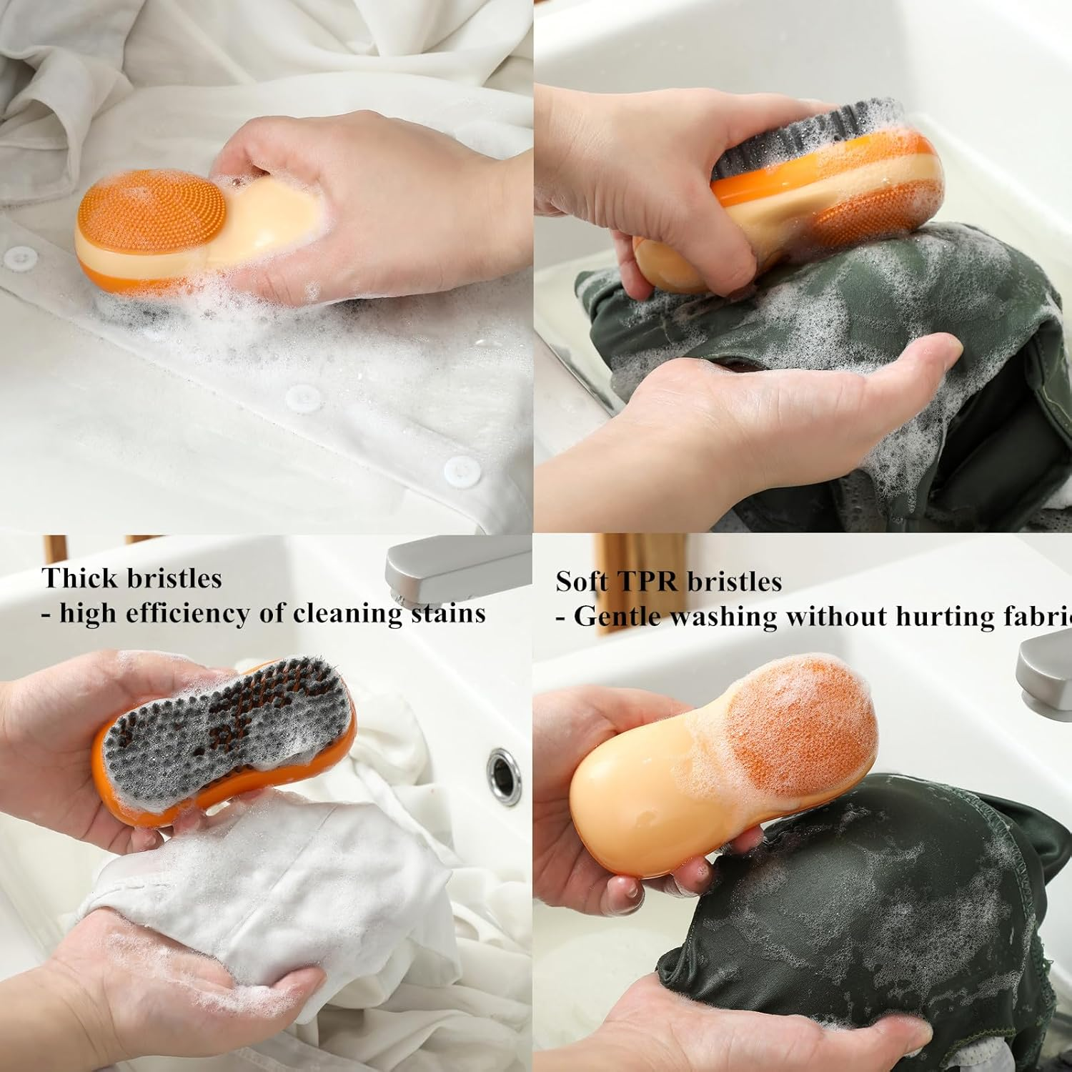 Two-Sided Laundry Stain Remover Brush, Soft Bristle for Scrubbing Out Tough Stains on Wool Cashmere Delicate Fabrics Knits Cotton Leather, Easy to Grip Hand Washing Clothes Brushes (White) - White image number 5