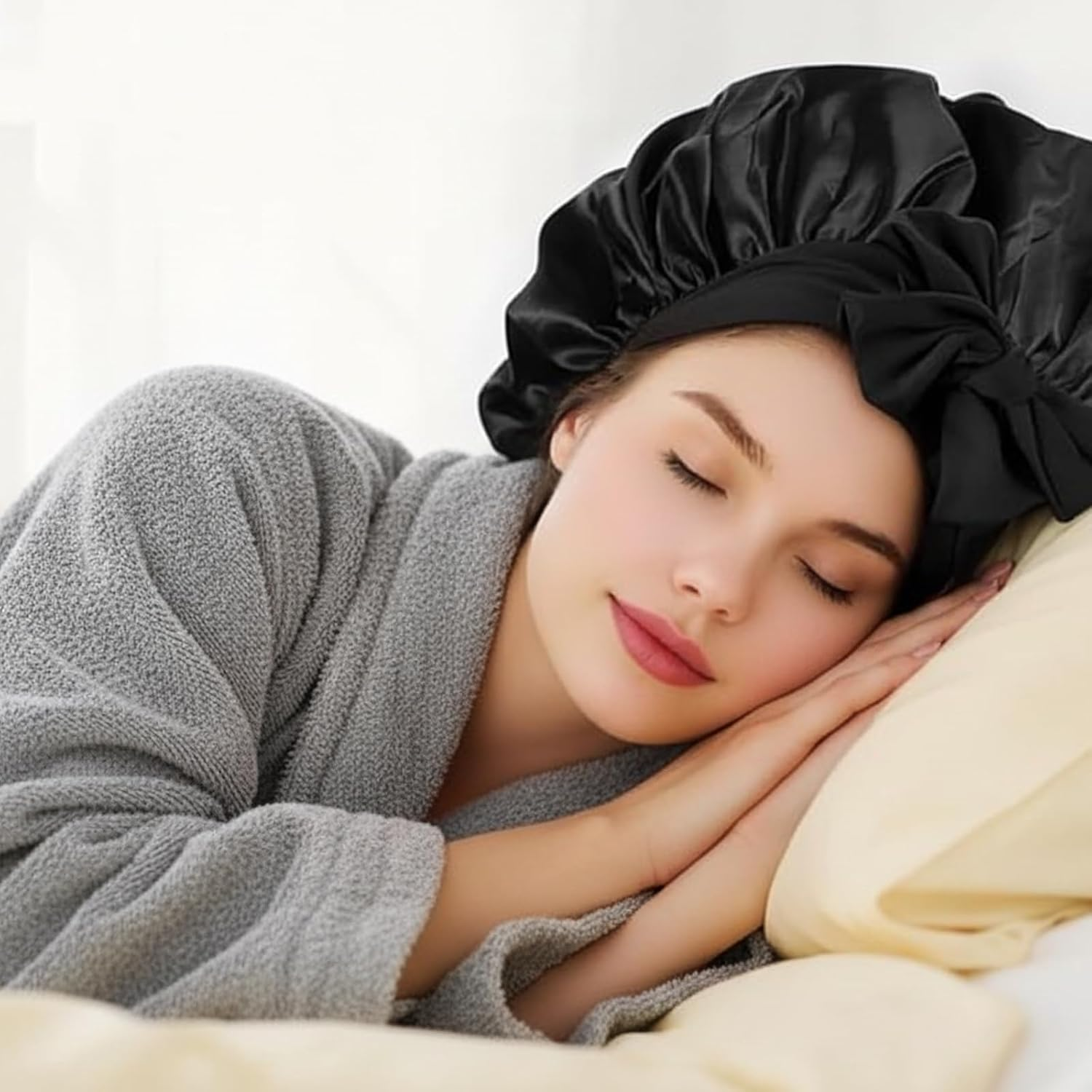 Jazrvr Silk Sleep Cap, Set of 2, Black and Red, Silk Bonnet for Hair Care, 32 X 22 Cm, Soft and Comfortable for a Good Night'S Sleep image number 1