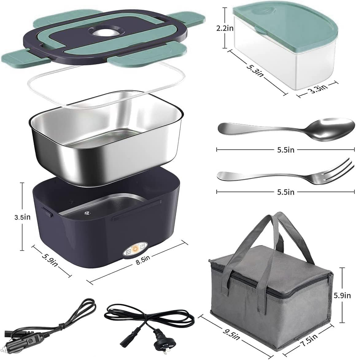 Electric Lunch Box Food Heater 60W1.5L Leak-Proof Heated Lunch Box 12V 24V 220V 3 in 1 Portable Food Warmer for Car/Truck/Office 304 Stainless Steel Container Spoon & Fork and Carry Bag (Dark Green) image number 5