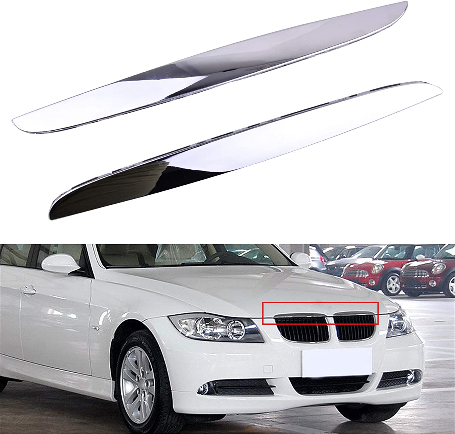 Munirater 2-Pieces Chrome Plated L&R Hood Trims above Kidney Grille Replacement for BMW E90 E91 3-Series 325I 330I 328I 2006 2007 2008 image number 4