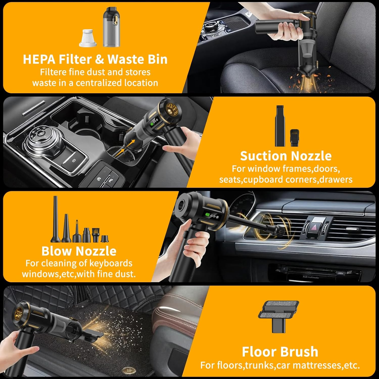 Car Vacuum Cleaner, Koreal 22000Pa Vacuum Cleaner with Brushless Motor, 4 in 1 High Power Handheld Vacuum Cleaner, Mini Vacuum with Grade Display for Home, Car, Office (Black) - Black image number 6