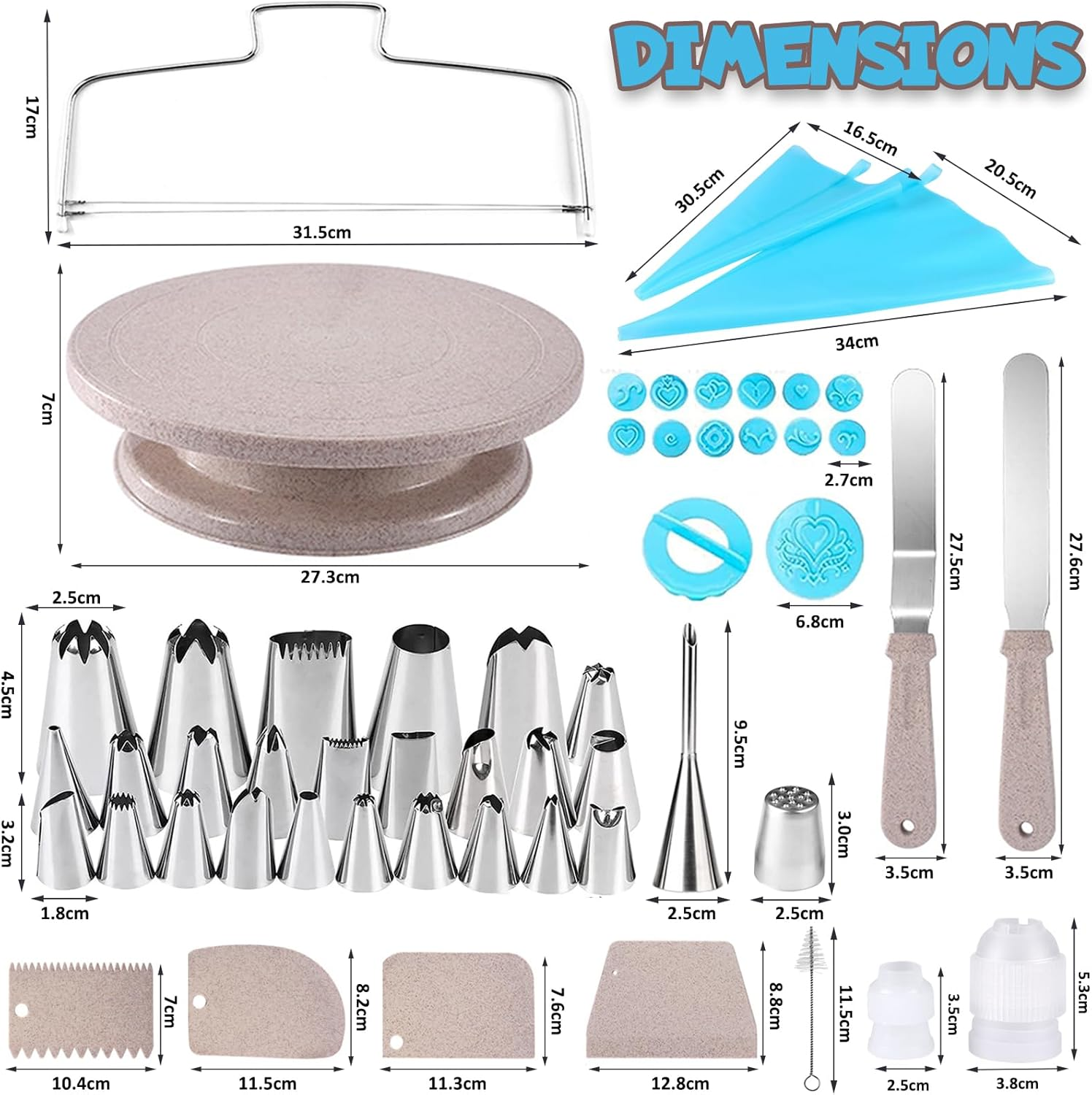 54Pcs Cake Decorating Kit Baking Tools Supplies with Cake Turntable, Cake Leveler, 27 Piping Nozzles, 2 Pastry Bag, 2 Coupler, 2 Spatulas, 4 Scrapers, 14 Fondant Embossers & 1 Cleaning Brush image number 6