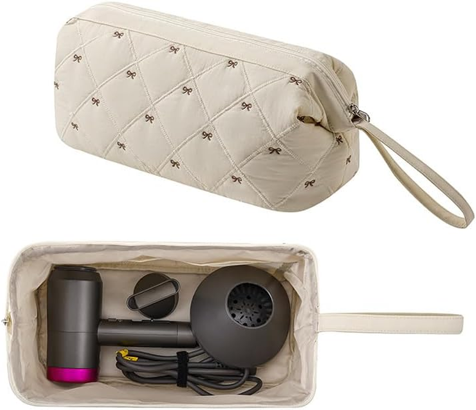 Hair Tools Travel Bag, Large Quilted Storage Case with Bow, Waterproof Organizer for Hair Dryer, Curling Iron, Straightener, Hot Air Brush and Styling Tools (Beige) image number 5
