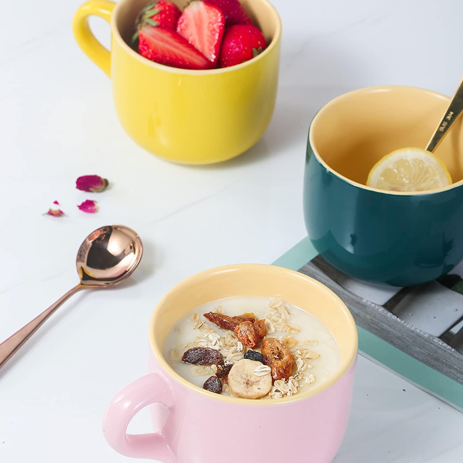 Arawat Large Cup 600Ml Tea Cups Large Ceramic Cappuccino Cups Large Jumbo Cup Soup Bowl with Handle Coffee Cup Large Cereal Bowls with Spoon Coffee Tea Cereal Mug Cup Porcelain image number 1