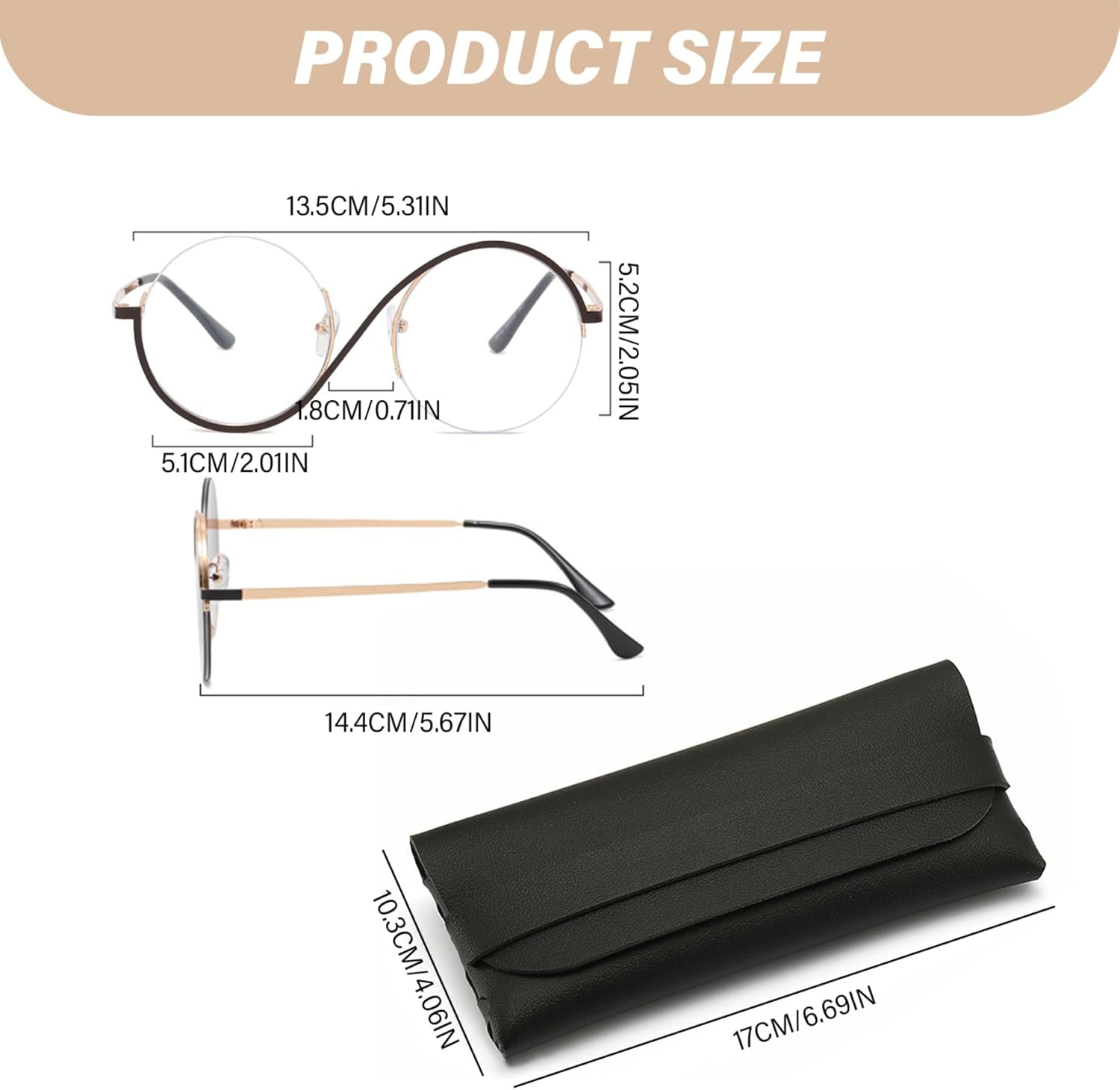 Round Frame Glasses Metal Frame Glasses with PC Lens Non  Glasses Minimalist Trendy Fashion Glasses with Storage Case for Daily Wear, Travel, Photos image number 5