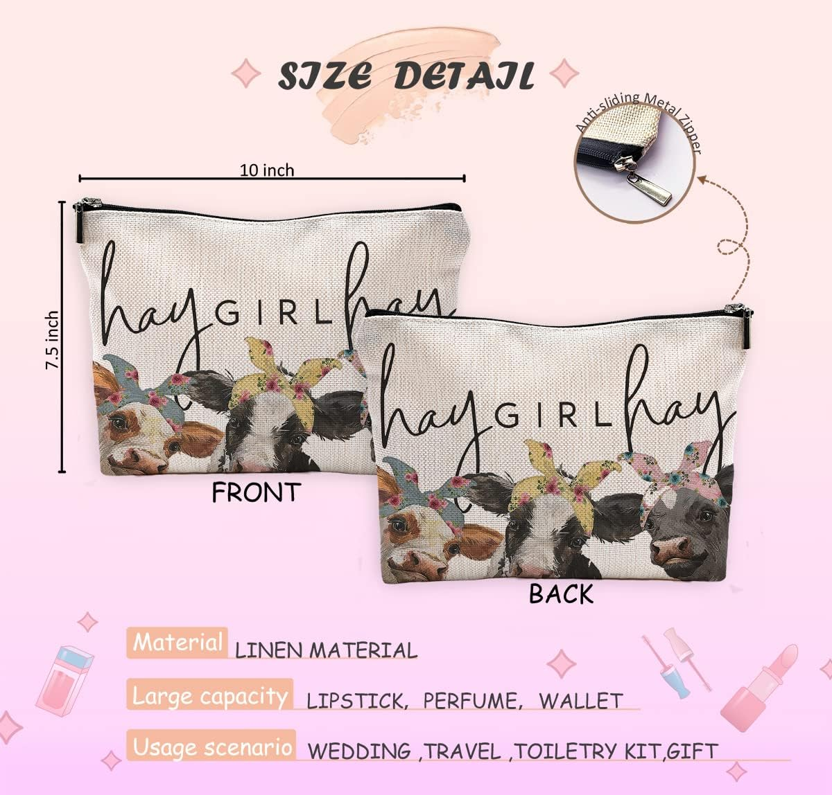 NEGIGA Cow Gifts,Western Makeup Bag,Cow Makeup Bag,Cow Print Stuff,Makeup Bags for Women, White2 - Orange image number 2