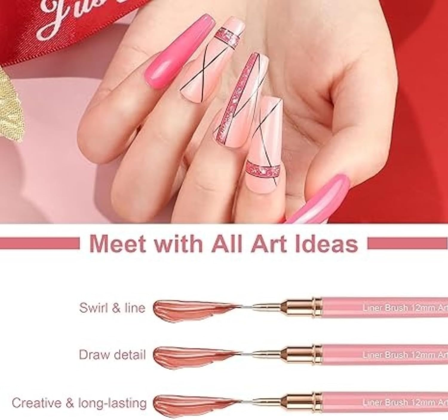 Kalione 5Pcs Metallic Nail Art Brushes Fine Line Nail Art Brush Set, Painting Design Brush Set Dotting Drawing Tool for Long Lines, Thin Details, Fine Drawing Sizes 4/8/12/20/25Mm, Pink image number 1