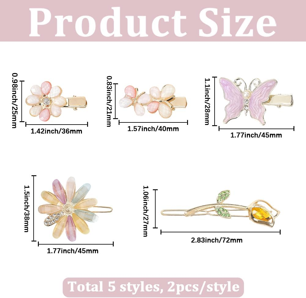 SUNNYCLUE 10Pcs Butterfly Alligator Hair Clips Decorative Hair Barrettes Colorful Alloy Resin Rhinestone Flower Floral Aesthetic Metal Bobby Hairpins Accessories for Short Long Hairstyle DIY Decor image number 6