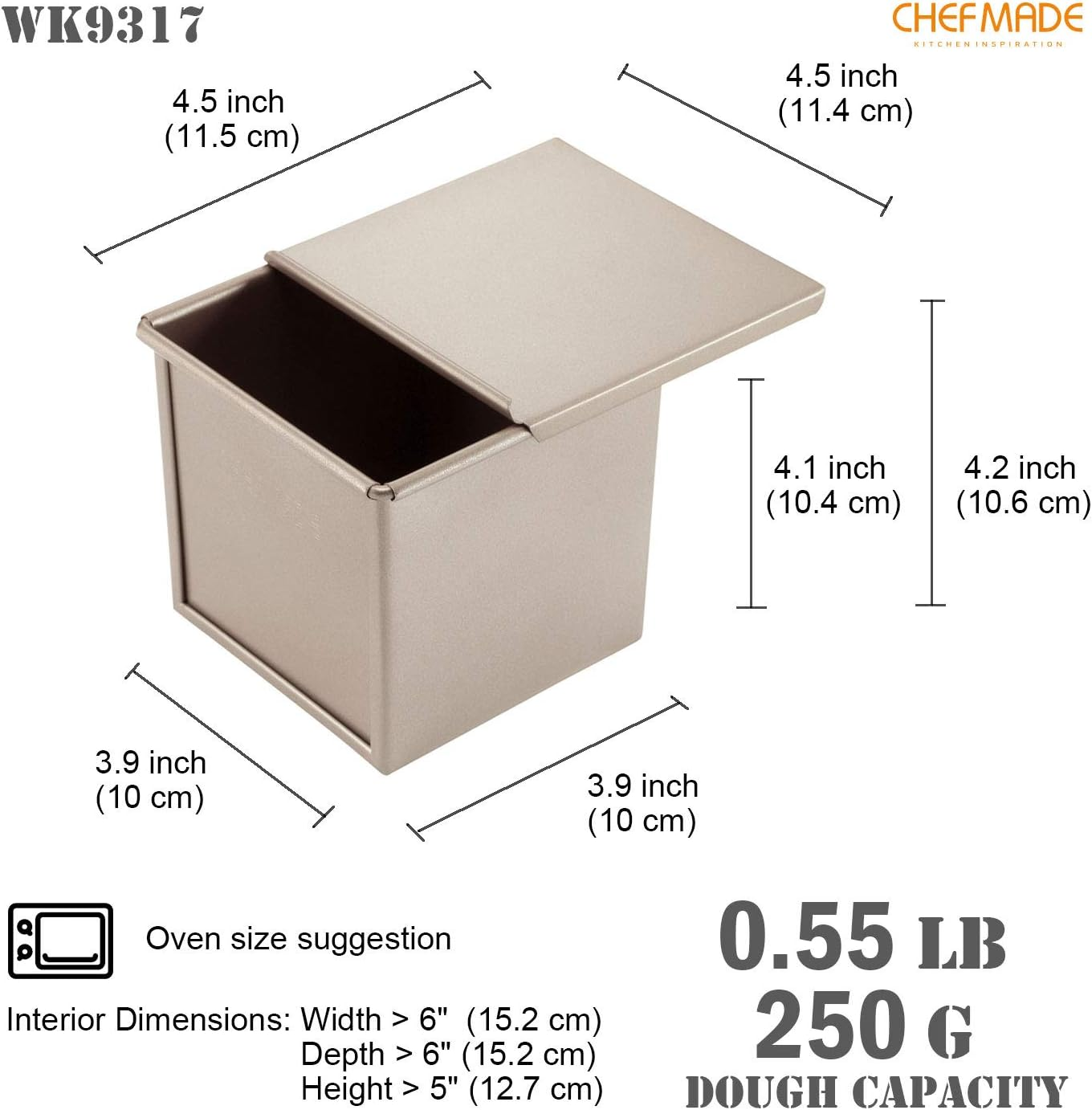 CHEFMADE Mini Pullman Loaf Pan with Lid, 0.55Lb Dough Capacity Non-Stick Rectangle Flat Toast Box for Oven Baking 3.9" X 3.9"X 3.9"(Champagne Gold) image number 6