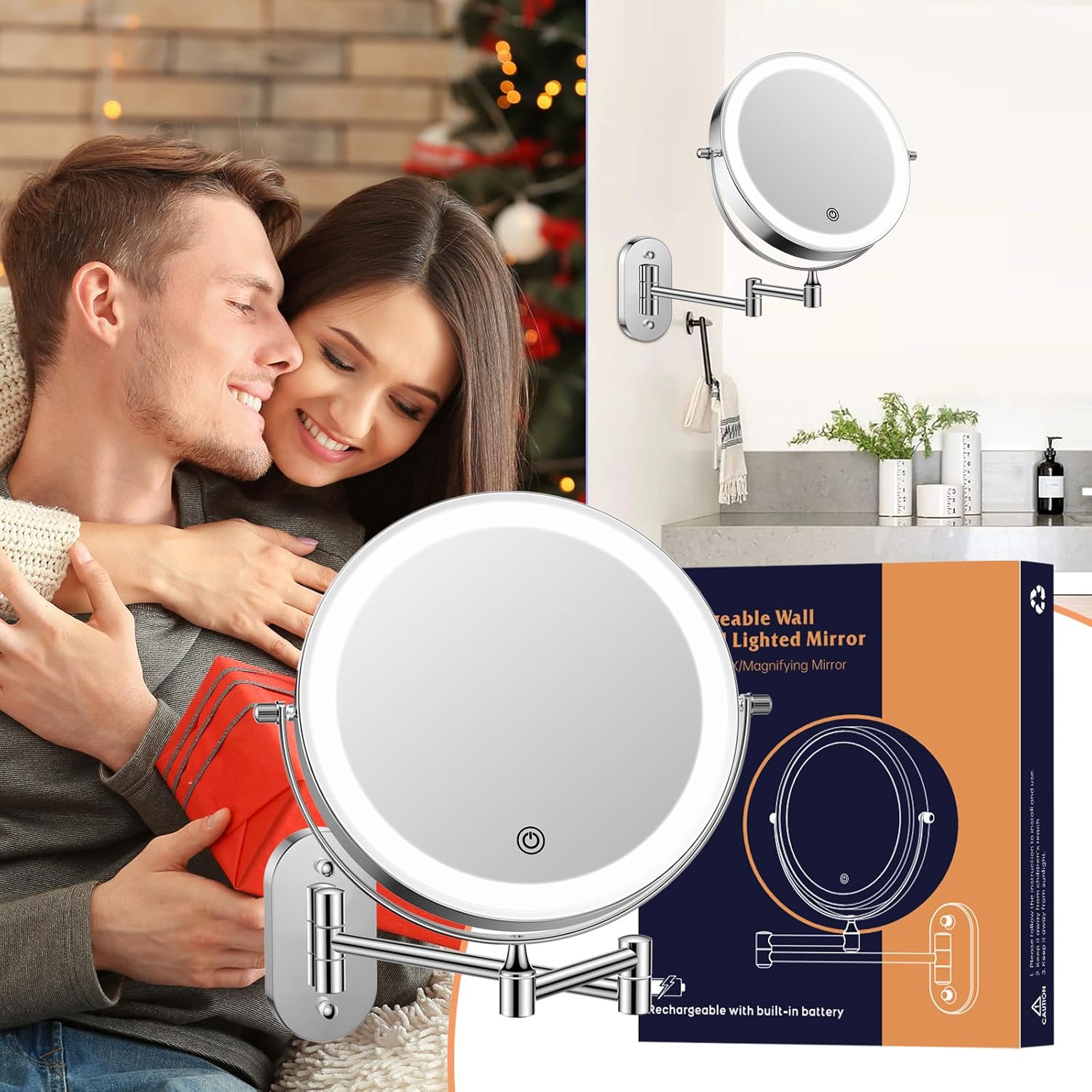 FUNTOUCH Rechargeable Cosmetic Mirror with Lighting, 1 X 20X Mirror Magnification Wall Mounting, Dimmable Shaving Mirror 3 Colours, Touch Screen, 360&deg; Rotatable, Makeup Mirror for Bathroom - Gunblack image number 6