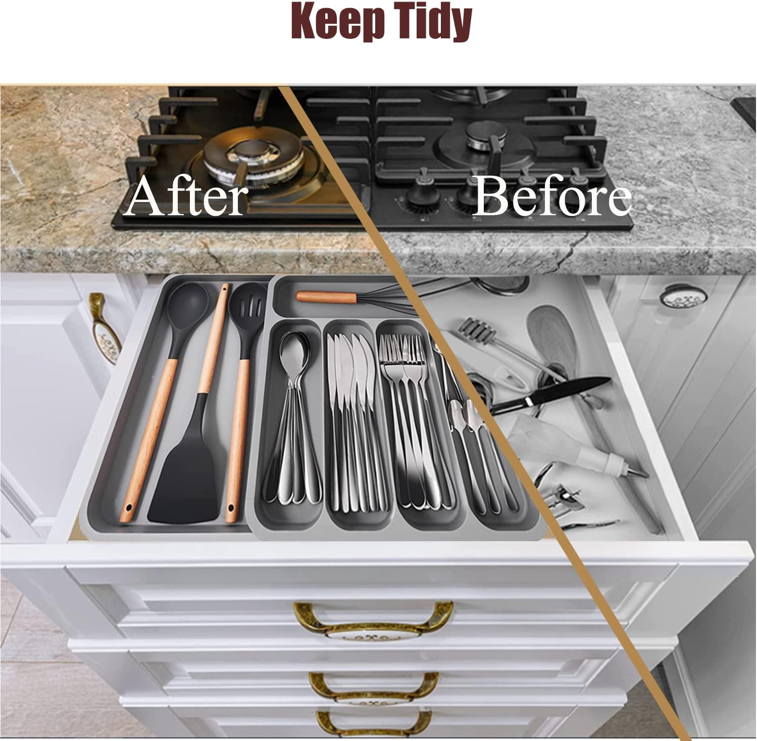 FOREVERIE Extendable Kitchen Utensils Drawer Storage Organiser, 5 Compartments Deep Cutlery Tray Holder for Silverware, Flatware, Knives, Spoons and Forks, Grey - Large Grey With Knife Organiser image number 2