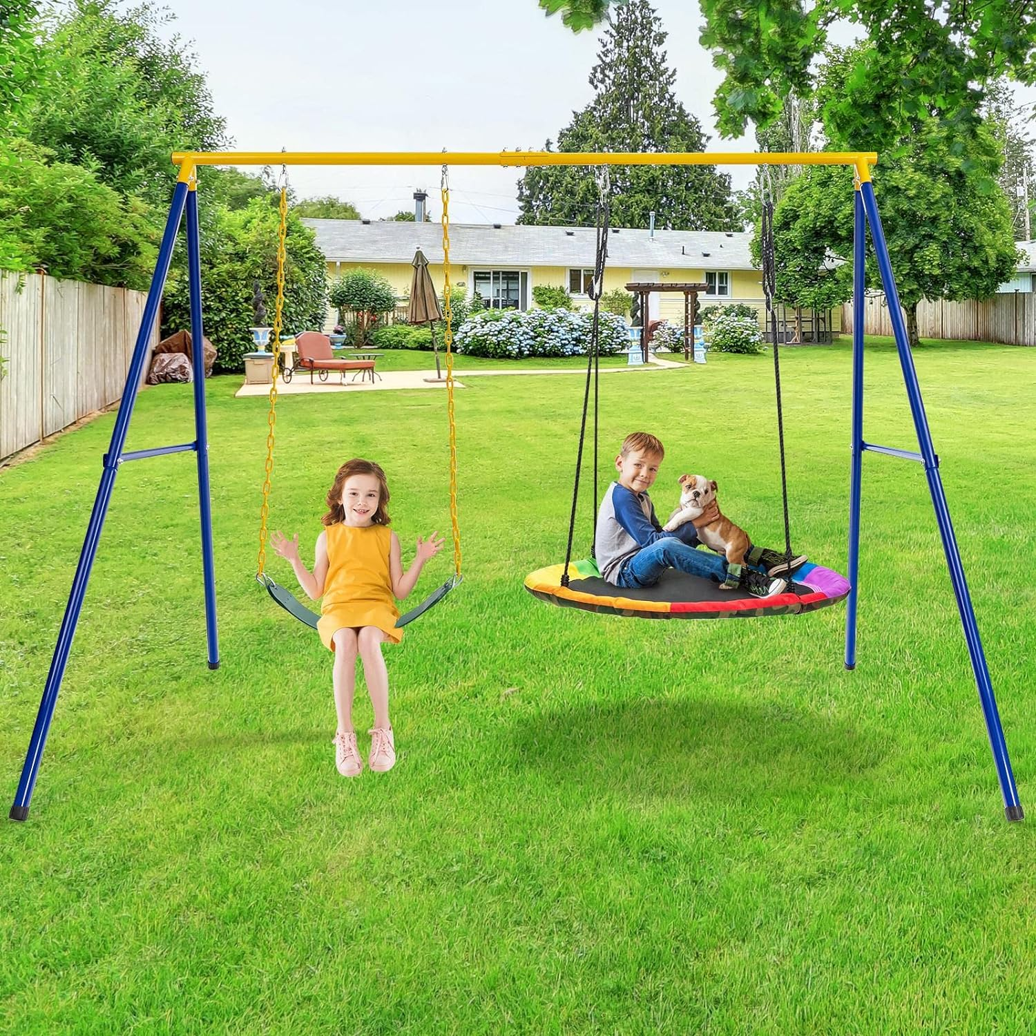 HONEY JOY 2 Seat Swing Frame for Kids, Children Heavy-Duty Metal Swing Stand W/Ground Stakes, A-Shaped Toddlers Swing Frame for Outdoor Backyard, up to 300KG Weight Capacity, Fits for Most Swings image number 2
