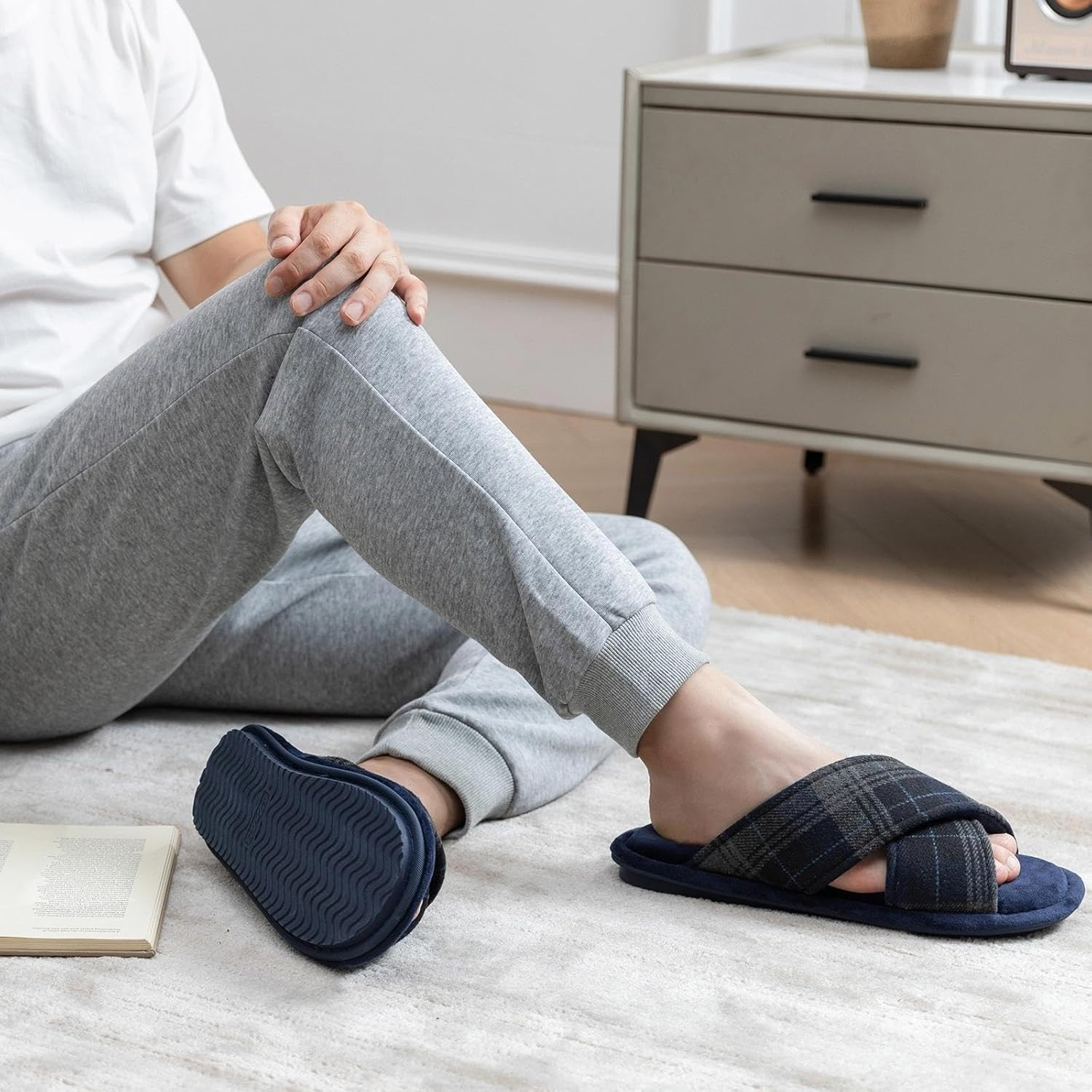 Mens Cozy Slippers Cross Band House Slippers with Memory Foam Soft Non-Slip Indoor House Shoes Summer Breathable Slipper image number 6