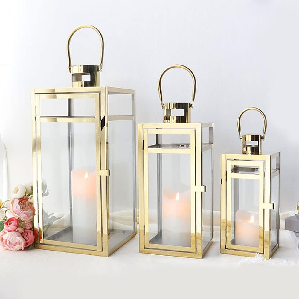 TRIROCKS Vintage Hanging Lantern - 34Cm Decorative Metal & Tempered Glass Candle Holder - Ideal for Indoor/Outdoor Events, Patio, Garden, Parties - Elegant Design with White & Gold Brush Finish