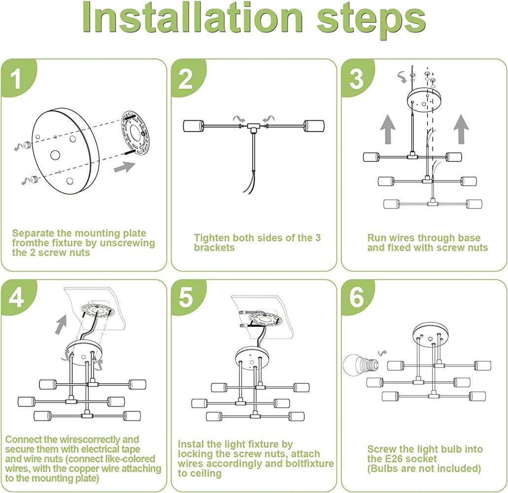 KEPHTH Modern Sputnik Chandelier Ceiling Light Fixture with 6 Lights Black Mid Century Semi Flush Mount Ceiling Lights for Bedroom, Dining Room, Living Room, Kitchen, E27 Base, Bulbs Not Included