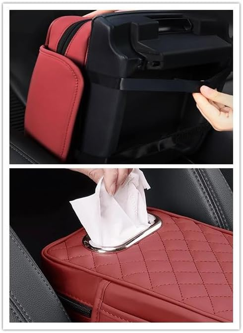 1 Pcs Memory Foam Car Armrest Cushion, Leather Car Armrest Box Pad, New Car Center Console Cushion, with Pocket and Tissue Box for Most Cars Black New Car Center Console Cushion - Burgundy image number 5