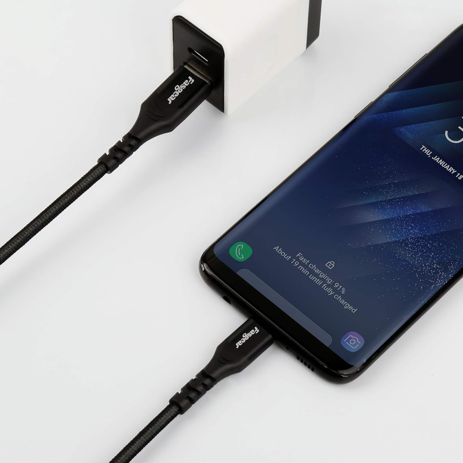 USB C Cable 1.8M, Fasgear 3A Fast Charging Nylon Braided USB 2.0 to Type C Cord High Speed Data Transfer Compatible with Galaxy S21 S20 Ultra S10 Note 9 S8, Moto G6 G7, Xperia L1 XA2, Huawei P20 Lite, Xiaomi MI 10 Pro (Black) image number 2