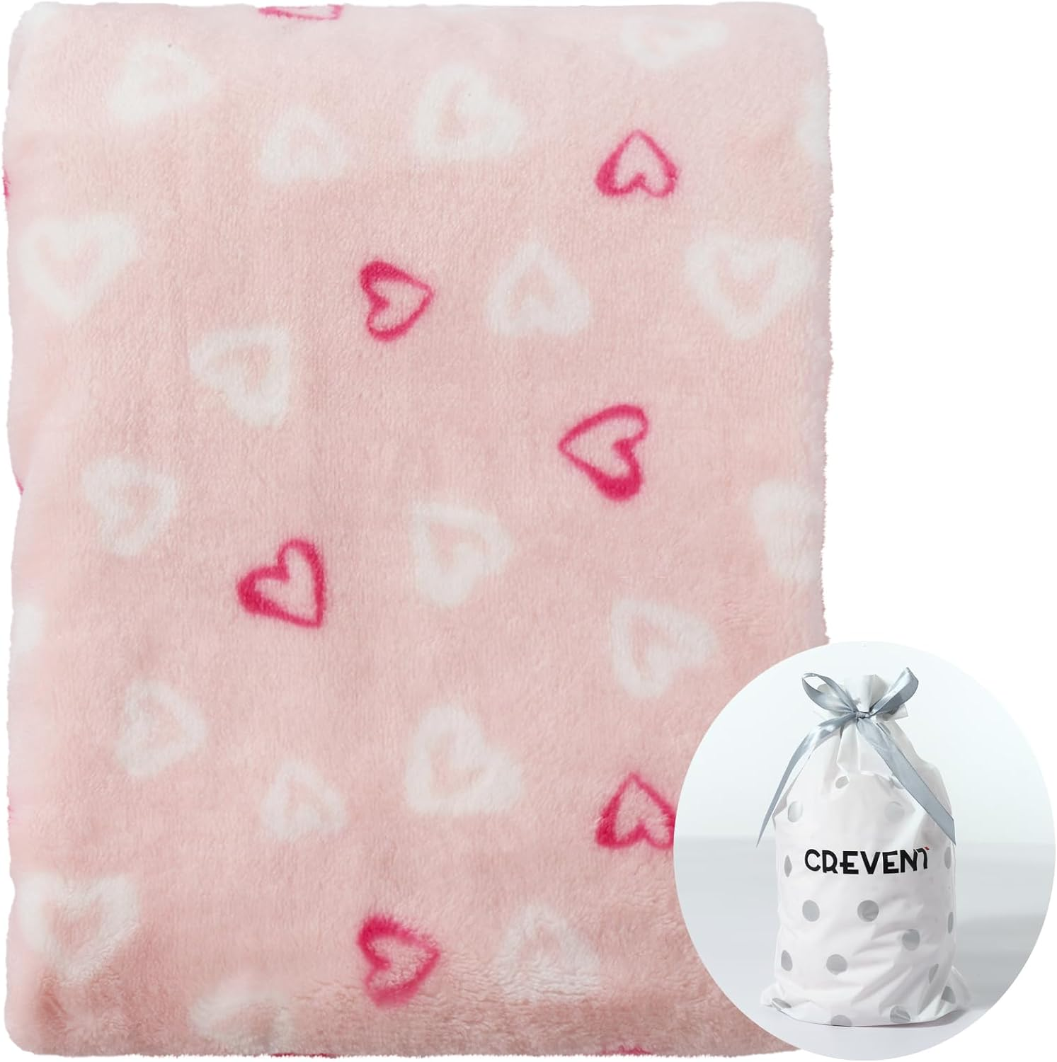 CREVENT 76X102Cm Lightweight Cozy Plush Fluffy Warm Fleece Baby Blanket for Girl Infant Toddler Crib Cot Stroller, (Pink Heart)
