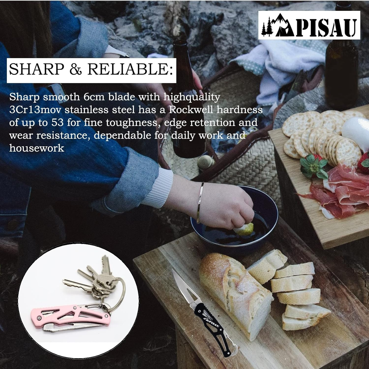 PISAU Small Stainless Steel Camping Folding Knife with Carbinner for Emergceny, Fishing and Camping (Pink) image number 6