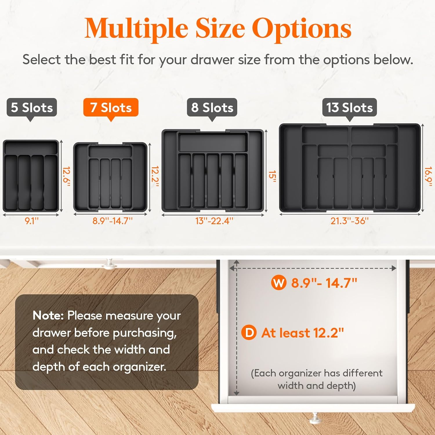 Lifewit Cutlery Drawer Organiser, Expandable BPA Free Cutlery Tray for Kitchen, Adjustable Utensil Holder for Home Storage, Plastic Kitchen Storage and Organisation for Spoons Forks Knives, Black - Black image number 2