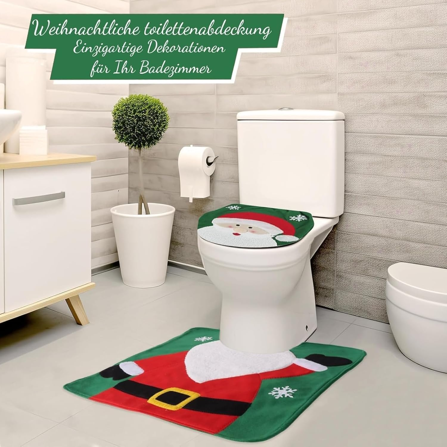 Christmas Toilet Seat Cover Set, Santa Bathroom Decor with Soft Toilet Cover & Non-Slip Mat, Festive Holiday Bathroom Decoration for Xmas