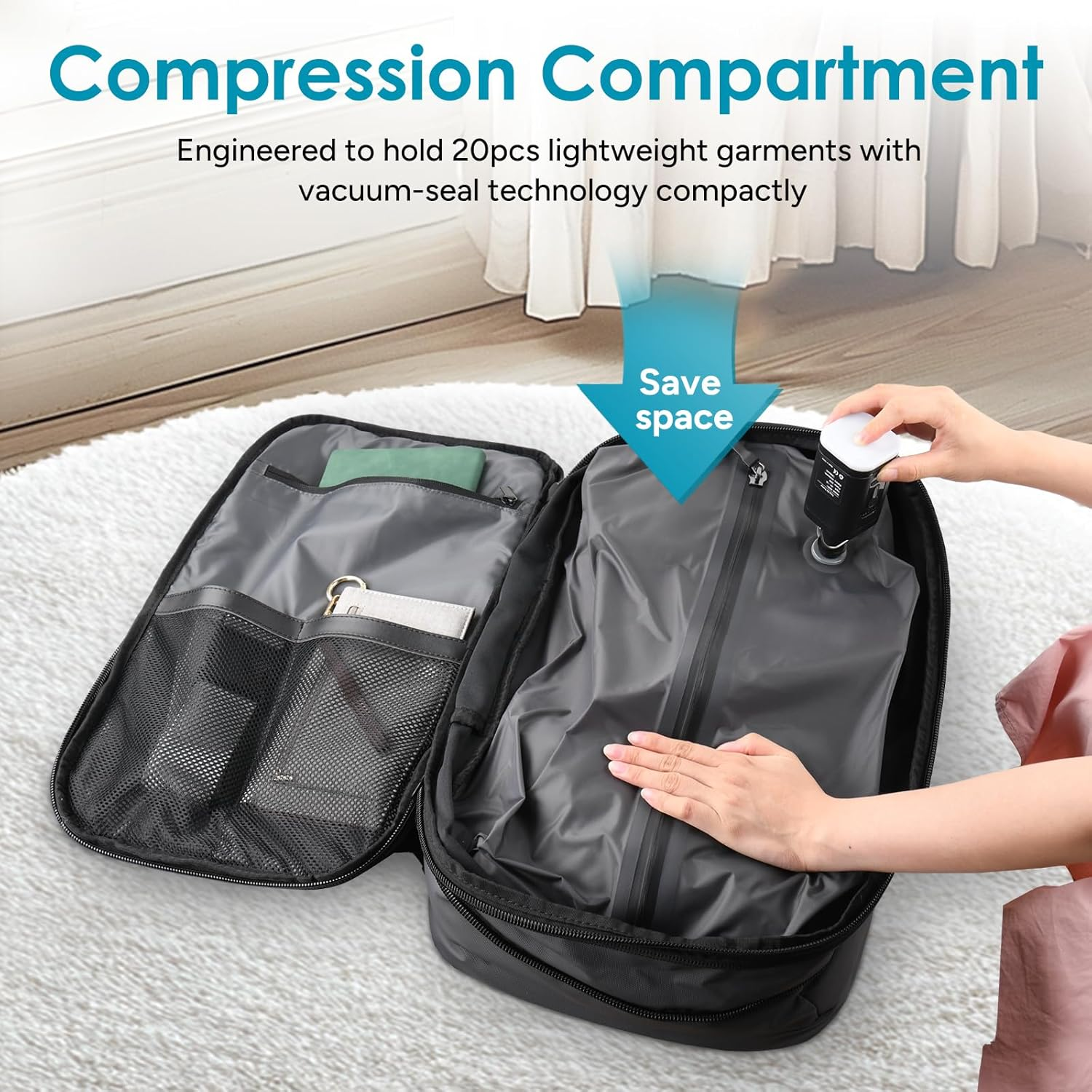 Travel Inspira Vacuum Backpack with Pump and Laptop Compartment, Large Capacity Business Rucksack with Multiple Pockets, Black image number 5