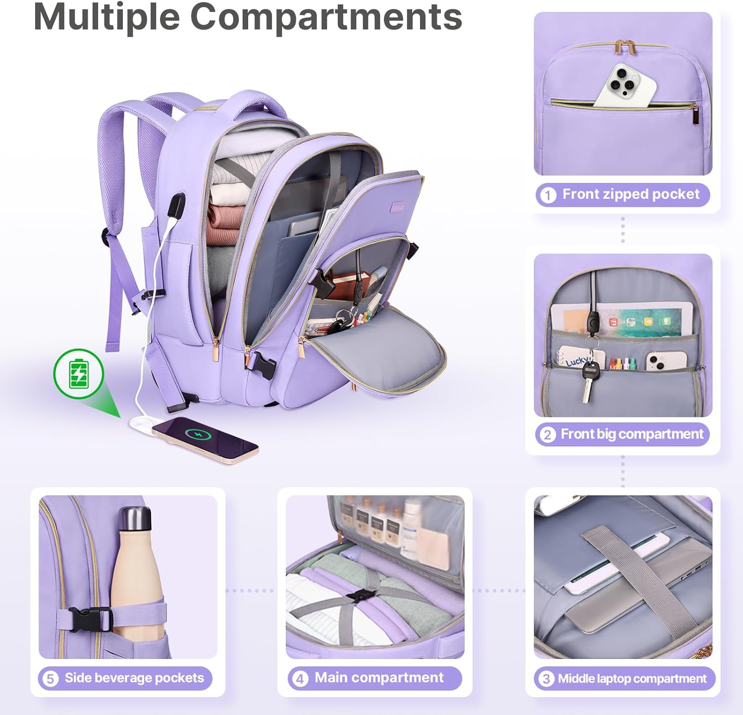 DEVPNR Rolling Backpack for Women, 17Inch on Laptop Travel Backpack with Wheels, under Seat Airplane, Overnight Business Bag image number 5