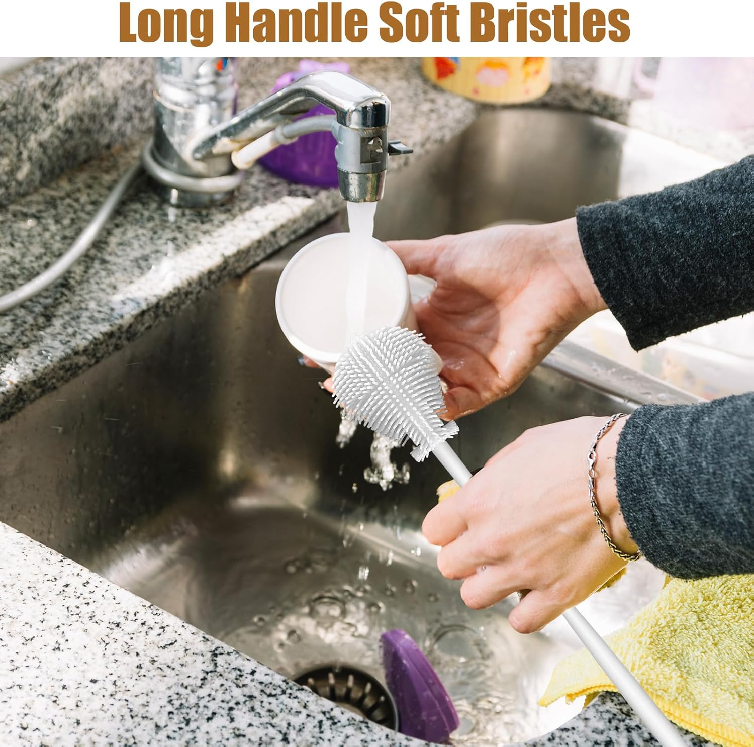 360&deg; Silicone Bottle Brush, Soft Bristle Cup Cleaner Brush Long Handle Flexible Water Bottle Cleaning Brush for Lid Teapots Bowls Containers Narrow Area (White) image number 6