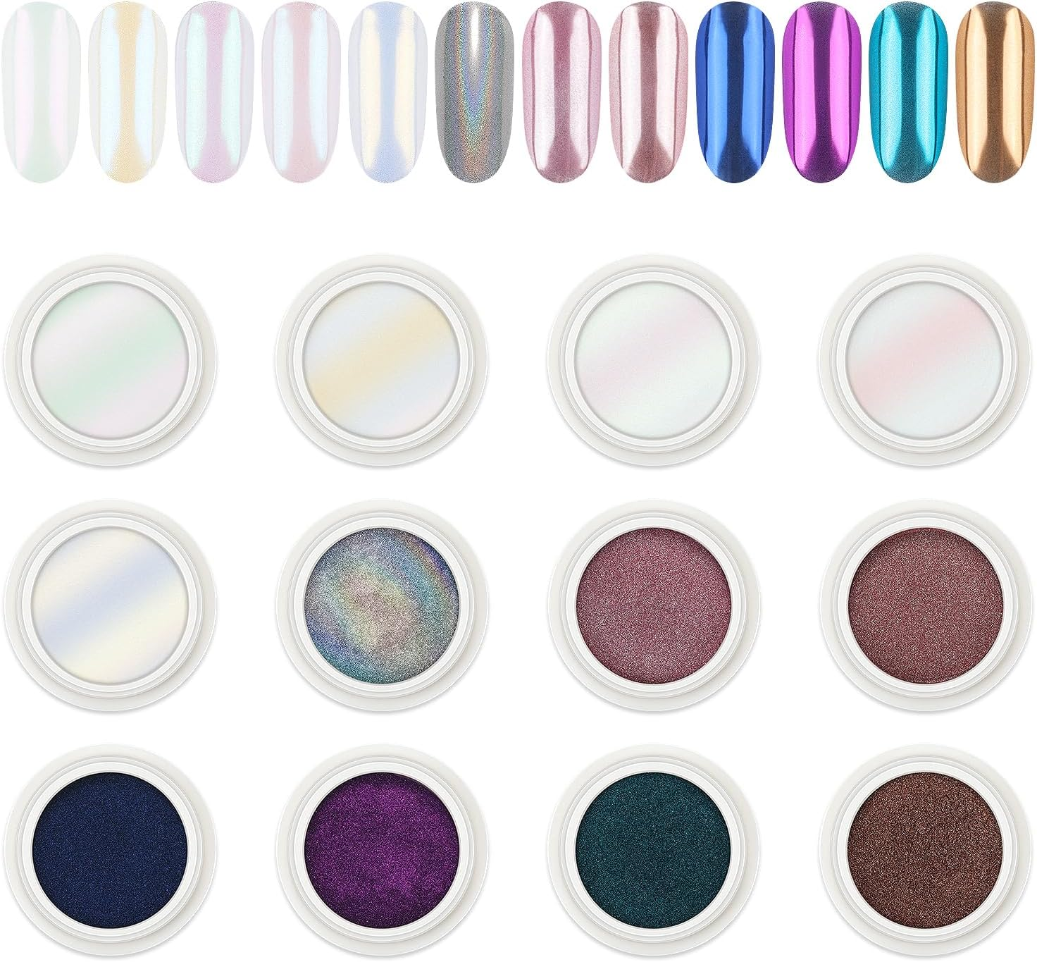 AIMEILI Pearl Chrome Nail Powder, Vegan, Cruelty Free, 12 Colors Aurora Metallic Holographic Mirror Effect Nail Art Pigment Iridescent Shell Glitter Nail Art