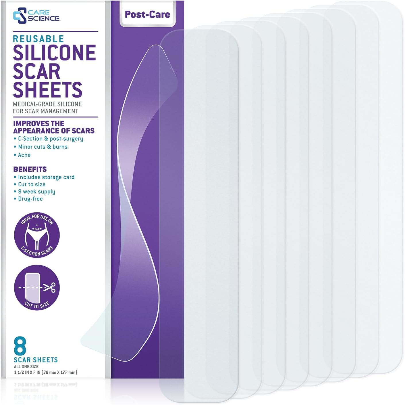 Care Science C Section Recovery Silicone Scar Sheets 1.5In X 7In 8Ct | Reuseable Scar Sheets for Reducing the Appearance of C-Section, Keloid, and Acne Scars image number 1