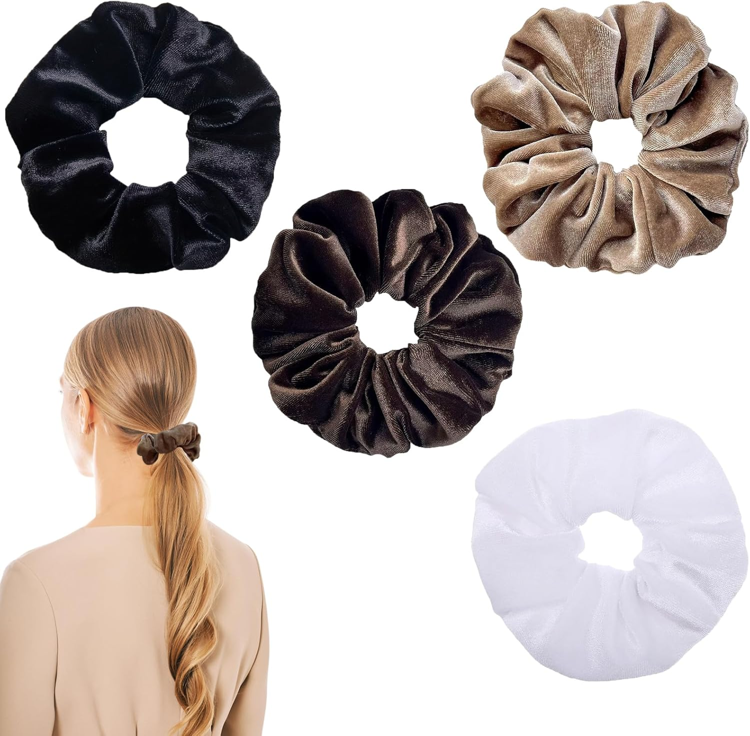 Pack of 4 Women'S Hair Scrunchies Plain Velvet Hair Scrunchies Large Hair Bobbles for Thick Hair, Thick Elastic Hair Accessories, Soft Loops for Everyday, Office, Party image number 2