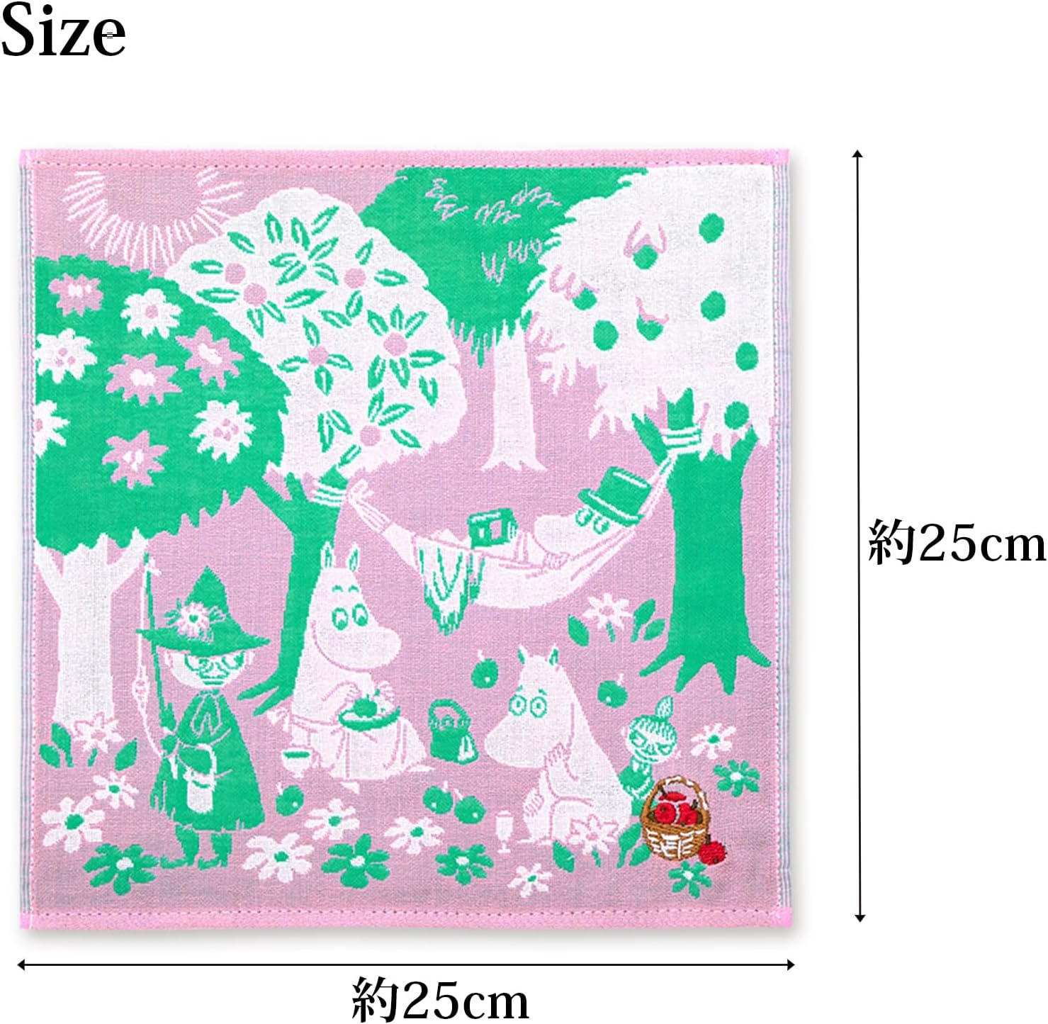 JIKAN STYLE Moomin Hankachi Handkerchief, Triple Gauze Handkerchief, Made in Japan, Front Gauze, Back Pile, 100% Cotton, Pink, Green, Approx. 9.8 X 9.8 Inches (25 X 25 Cm), 05871 (Picicic)