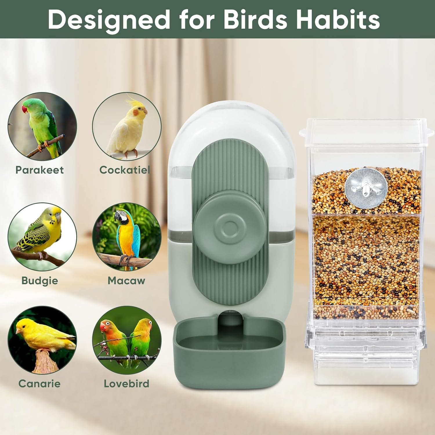 Bird Feeder and Water Dispenser Set, No Mess Automatic Feeding and Hydration, Parakeet Cage Accessories for Parrots, Cockatiels, Finches, Lovebirds and Budgies (Green) image number 2