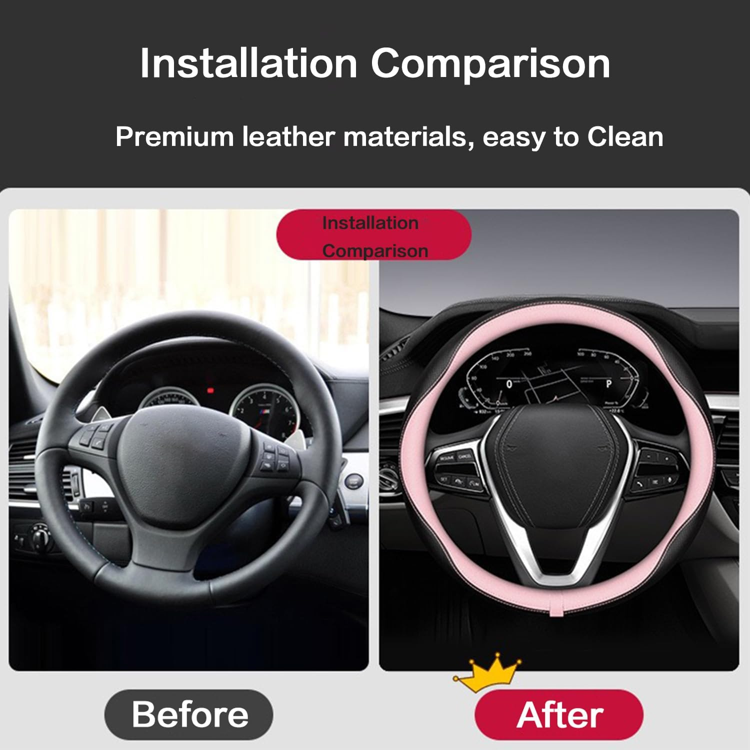 Car Steering Wheel Cover Compatible with Mazda CX-30, CX-5, CX-3, 6, 5, 3, 14.5-15 Inches Accessories, Ultra-Thin Design Premium Nappa Leather (Black-A) - Pink-B image number 6