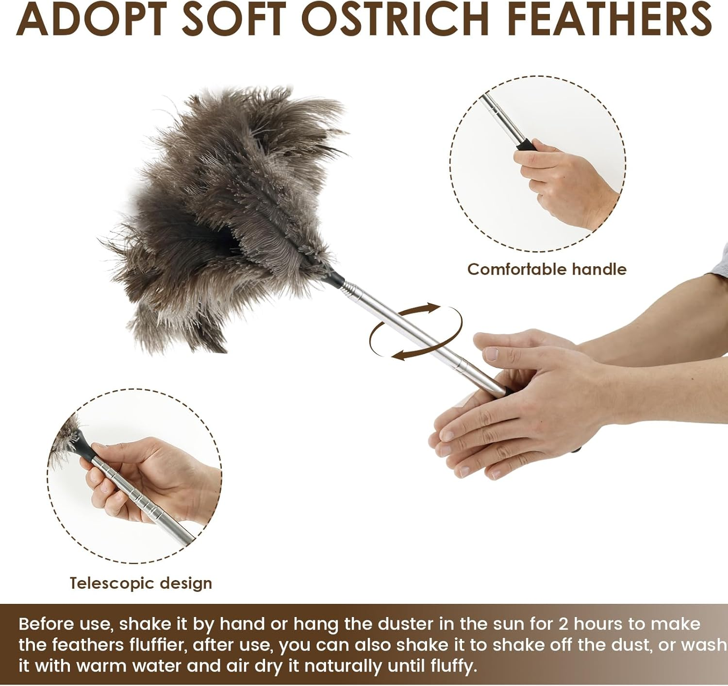 Fizocosisto Extendable Ostrich Feather Duster with Nonslip Handle, 15" - 45" Retractable Feather Duster for Cleaning Ceiling Fan Pendant Lamp High Ceiling Blinds Furniture image number 5
