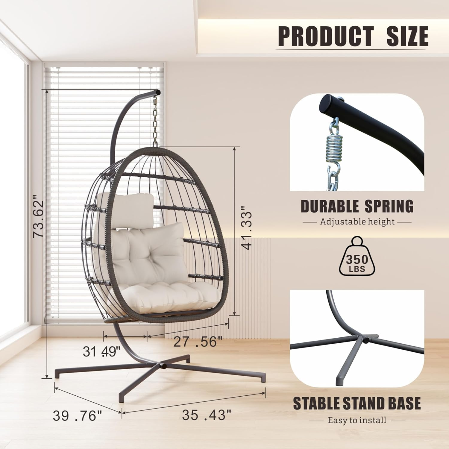 Dystler Hanging Egg Chair with Stand, Patio Wicker Egg Swing Chair with Cushion for Bedroom Garden Indoor Outdoor (Beige) image number 2