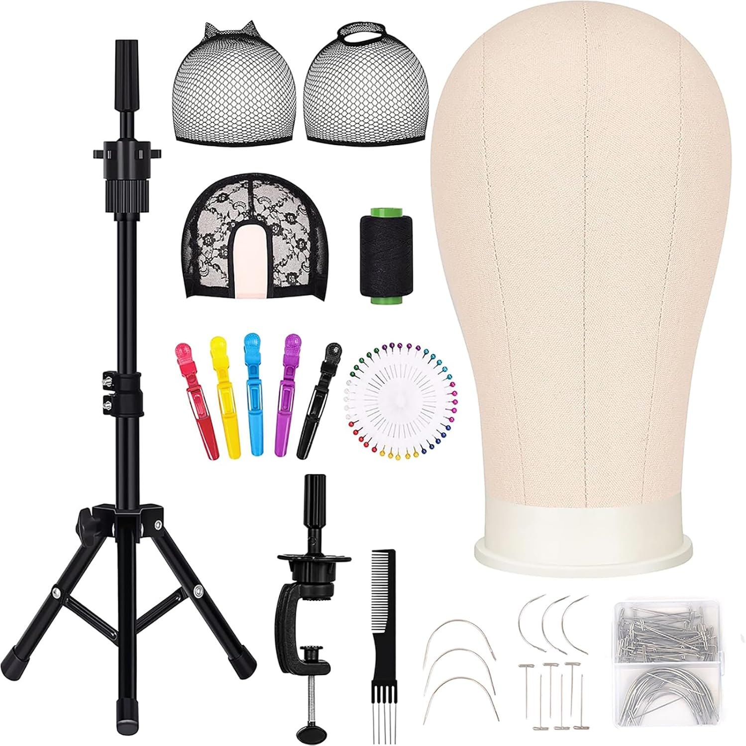 22 Inch Canvas Block Head Set,Mannequin Head for Wig Display Making Hair Weave Styling Mannequin Head with Mount Hole C Stand, Styling Hair Clips, Needles, C Needles, Thread, Lace Wig Caps