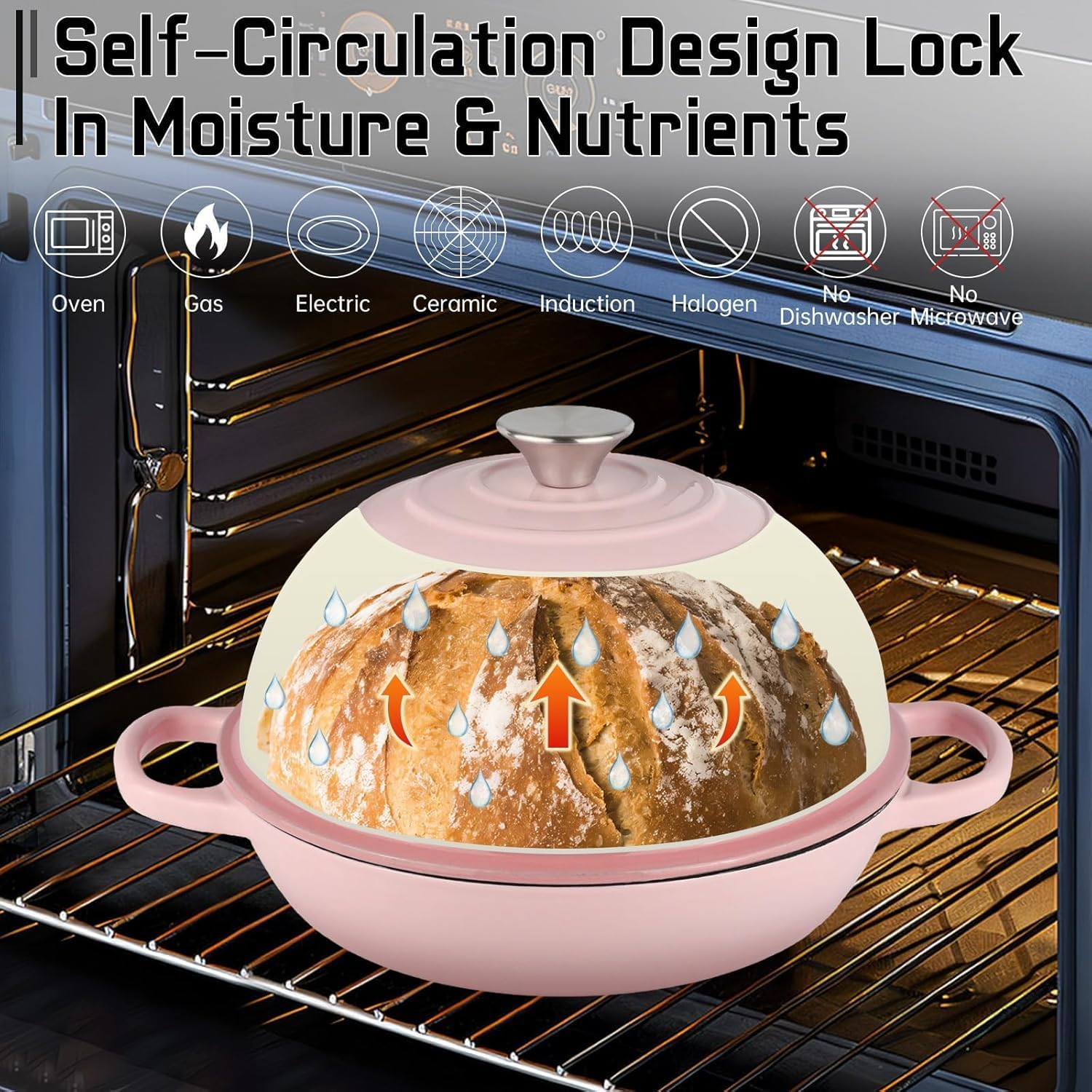 Enameled Cast Iron Bread Oven, 26Cm Bread Dutch Oven for Sourdough Bread Baking, 6 Quarts Bread Pan with Dome Lid, Non-Stick Cookware for Homemade Bread, Pink - Red image number 3