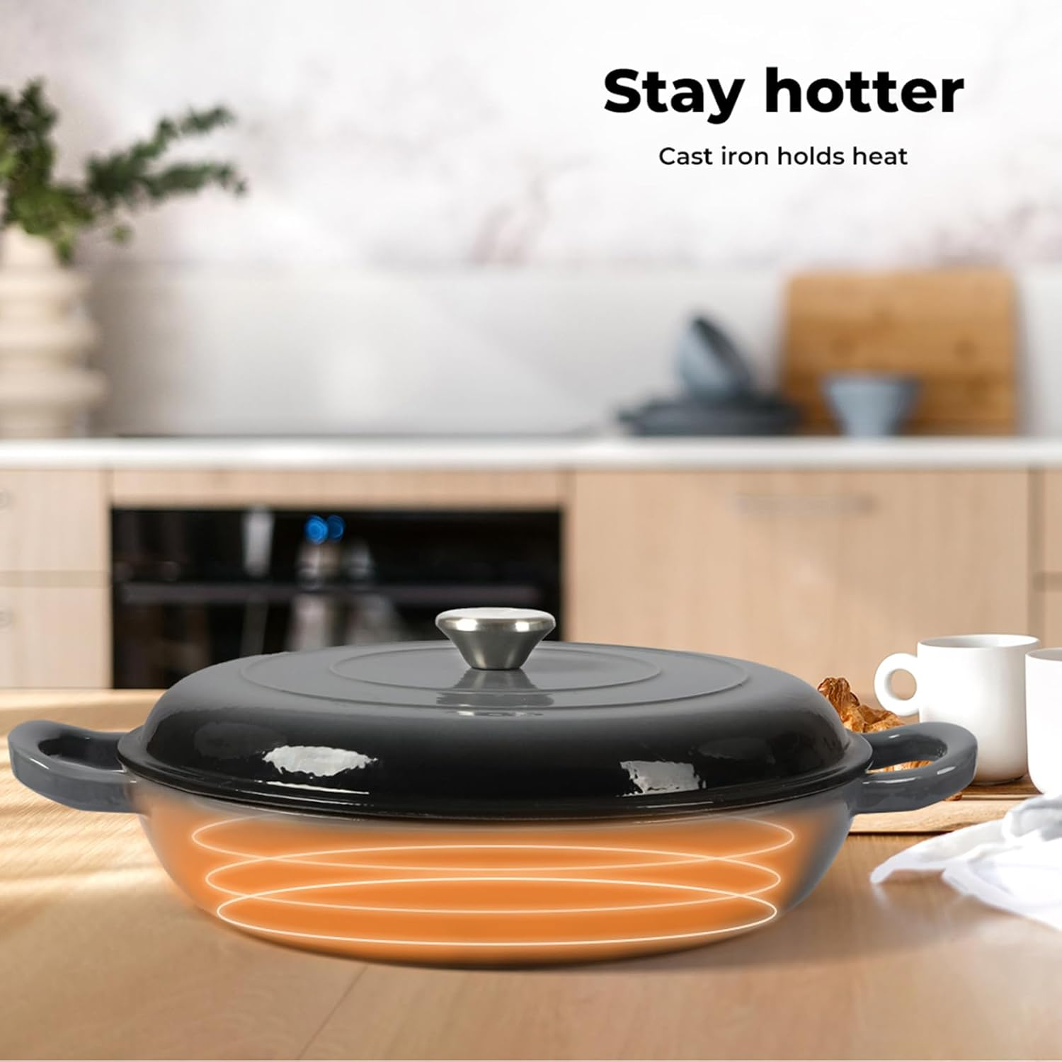 TOQUE Enameled Cast Iron Dutch Oven 3.5L Pot with Lid Kitchen Cookware Black, 3.7 Quart Camping Cooking Non-Stick Slow Cooker Shallow Pan, round Dutch Oven Pots for Bread Baking,Braise,Stew,Roast image number 3